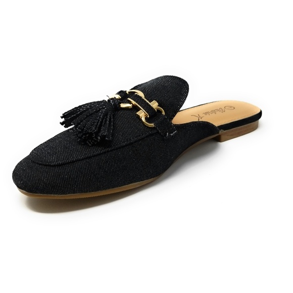 Women Denim Mules With Tassels, HK-7082, Black - Picture 2 of 3
